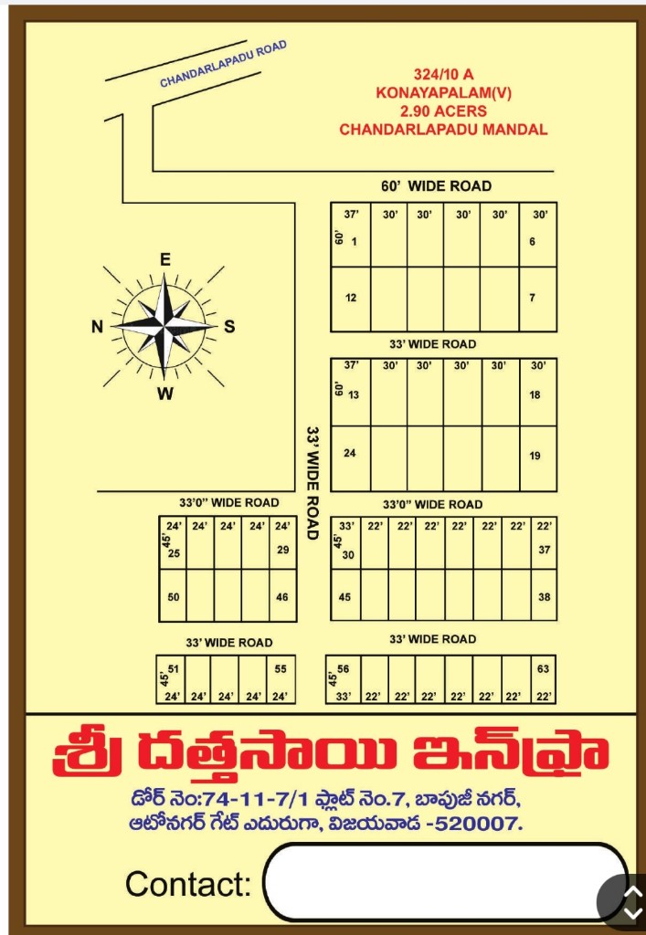 Full site layout showing plots 1 to 63, road widths, and Chandarlapadu Road access at Konayapalem